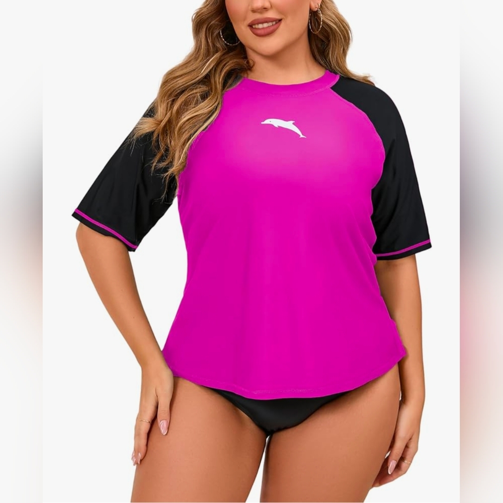 Women's Pink and Black Swim Top